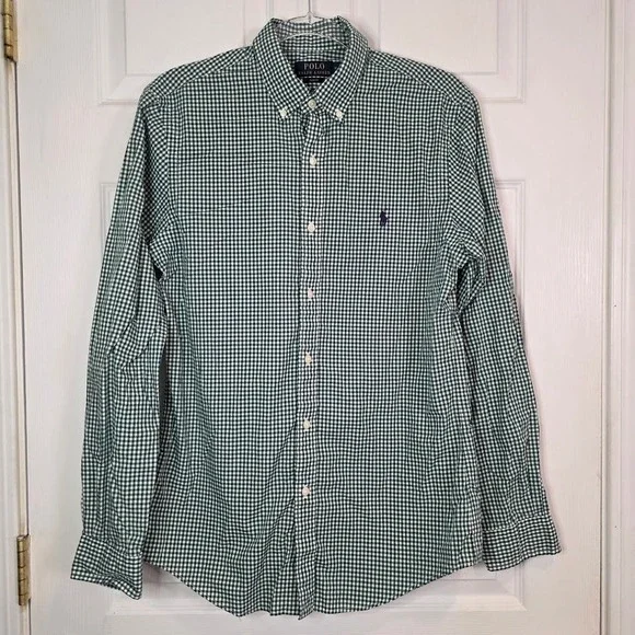 Polo Ralph Lauren Men's M Button Down Shirt Green Gingham Slim Fit Long Sleeve - Picture 2 of 8